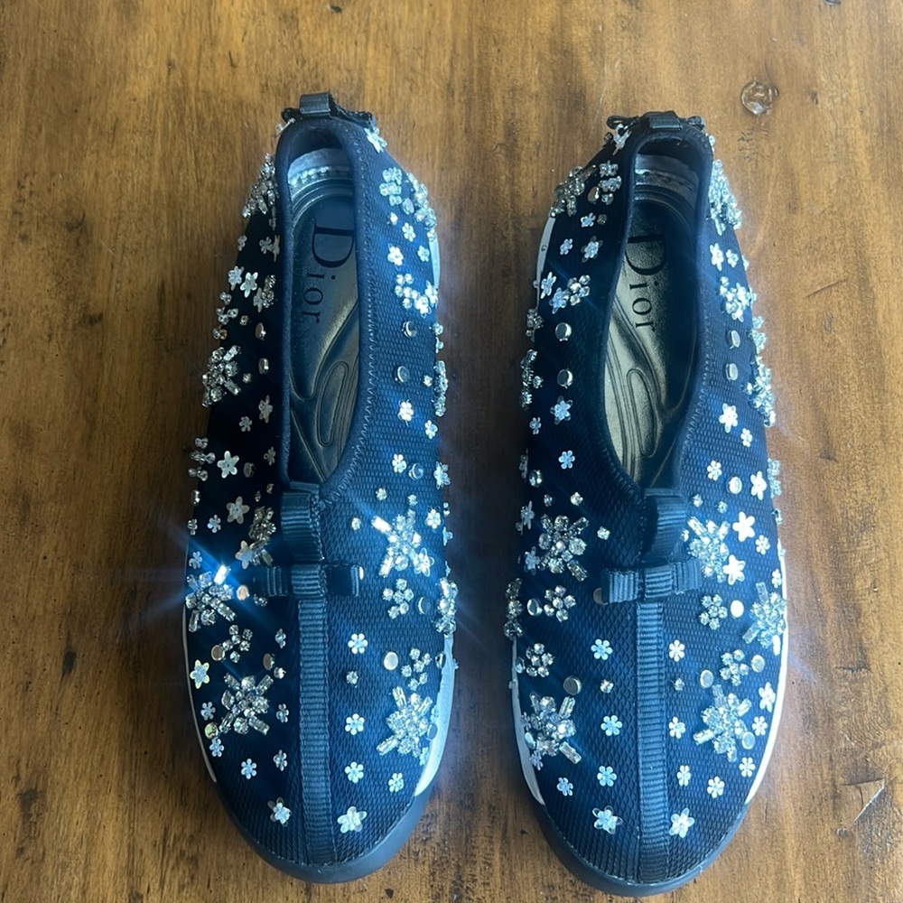 DIOR Black Floral Crystal Embellished Mesh Fusion Slip On Sneaker 40 EU 8.5 US